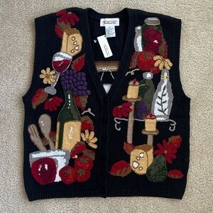 NWT Vintage Talbots Sweater Vest Wine Grapes Cheese Candles Cooking Medium